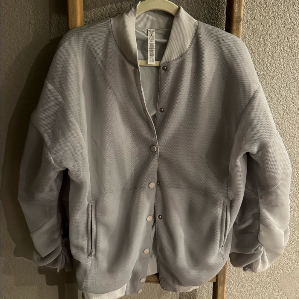 Alo Mesh Light Gray Women's Bomber Jacket - Casual Snap Front